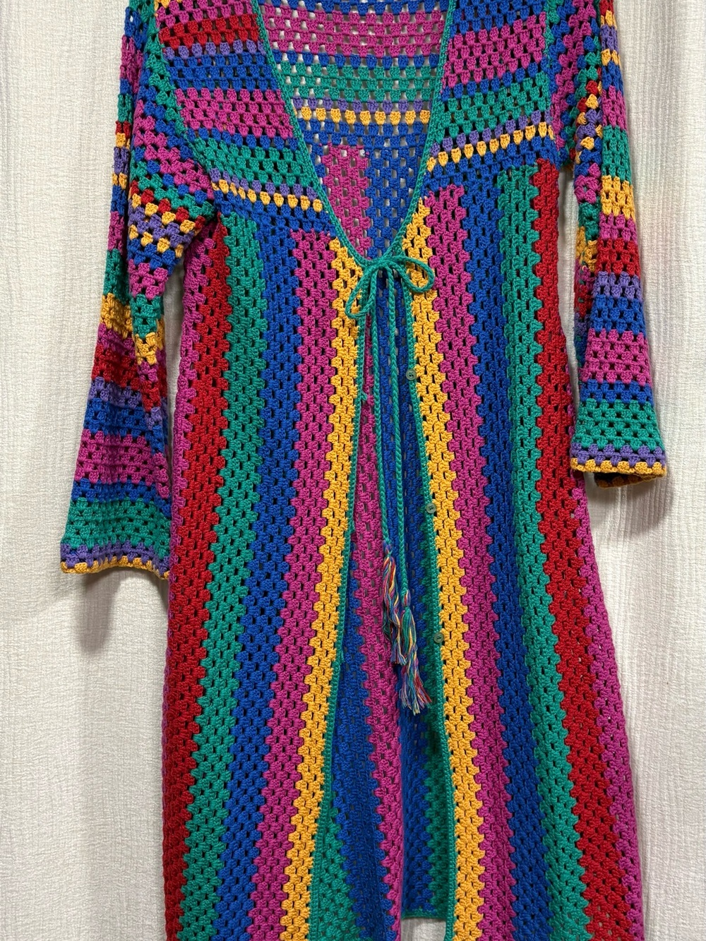 Handmade Crochet Multicolor Tie-Front Cardigan